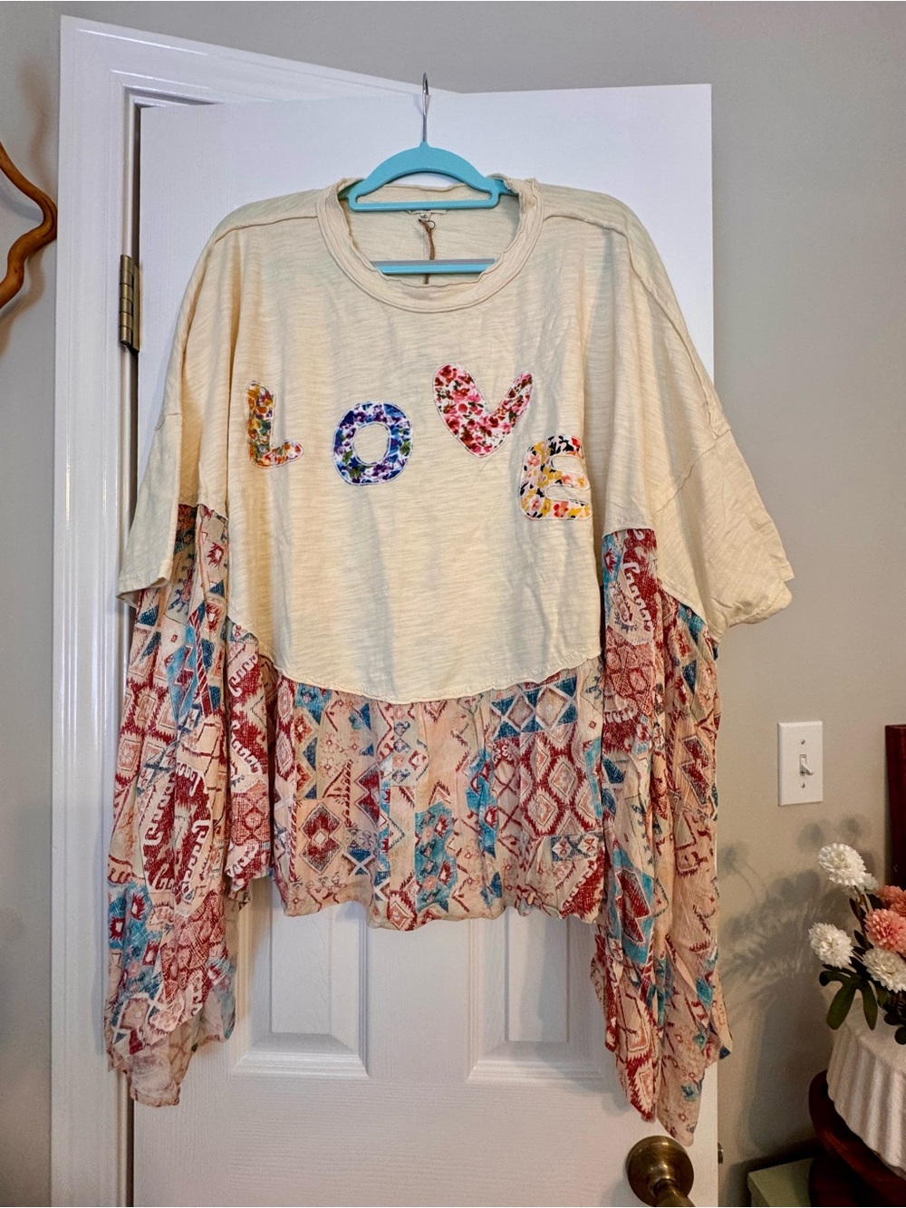 easel Cream Boho 'LOVE' Patchwork Tunic with Red & Blue Accents